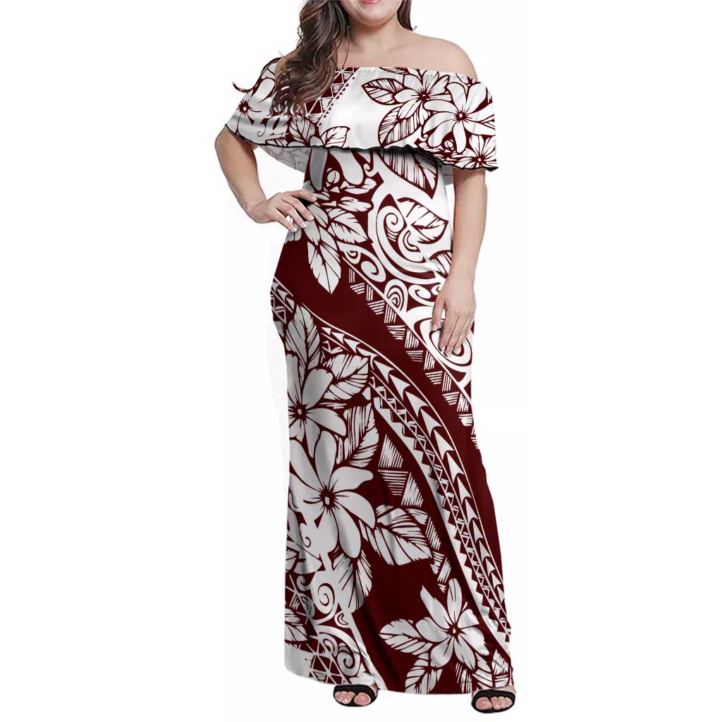 Polynesian Tropical Flowers Oxblood Color Family Matching Off Shoulder Maxi Dress and Hawaiian Shirt LT14 Mom's Dress Oxblood - Polynesian Pride