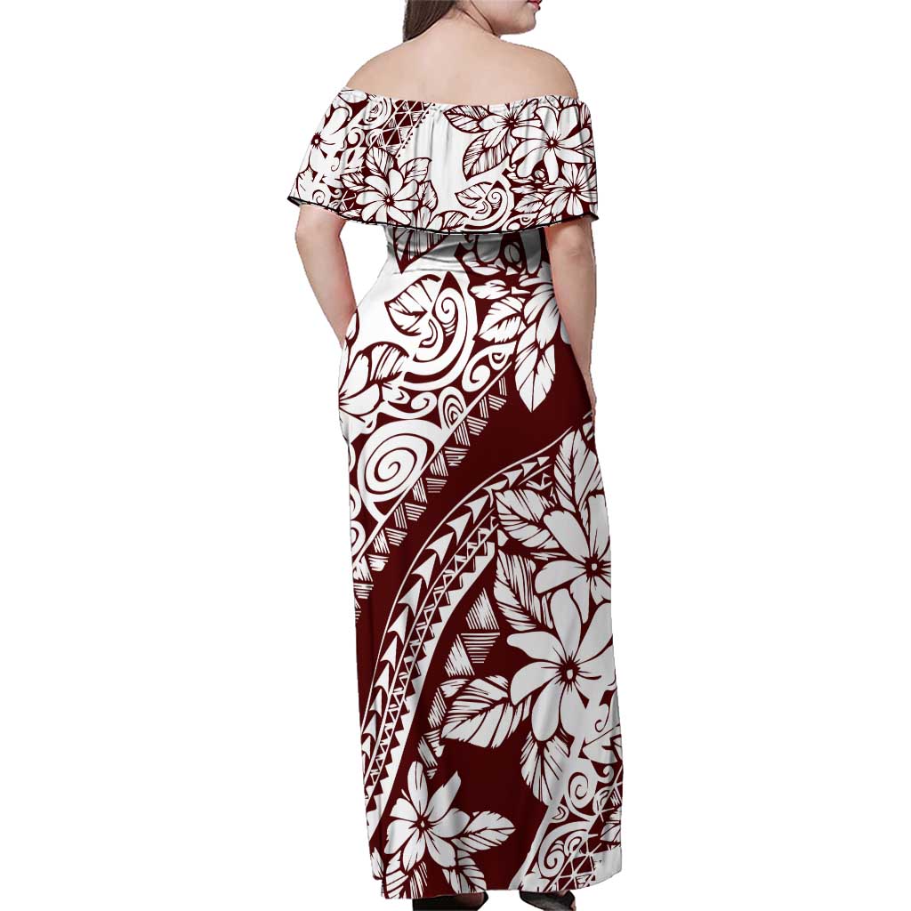 Polynesian Tropical Flowers Oxblood Color Family Matching Off Shoulder Maxi Dress and Hawaiian Shirt LT14 - Polynesian Pride