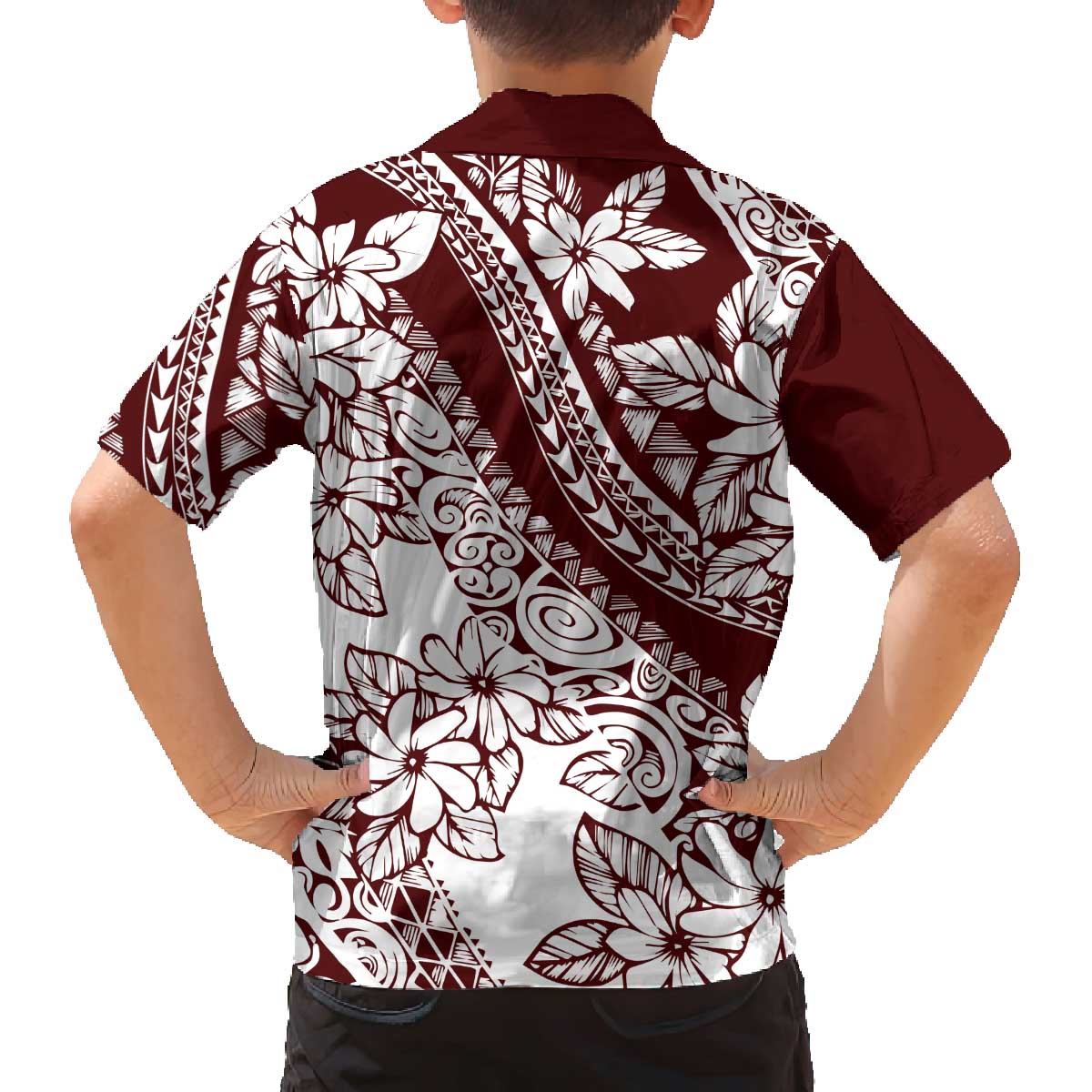 Polynesian Tropical Flowers Oxblood Color Family Matching Off Shoulder Short Dress and Hawaiian Shirt LT14 - Polynesian Pride