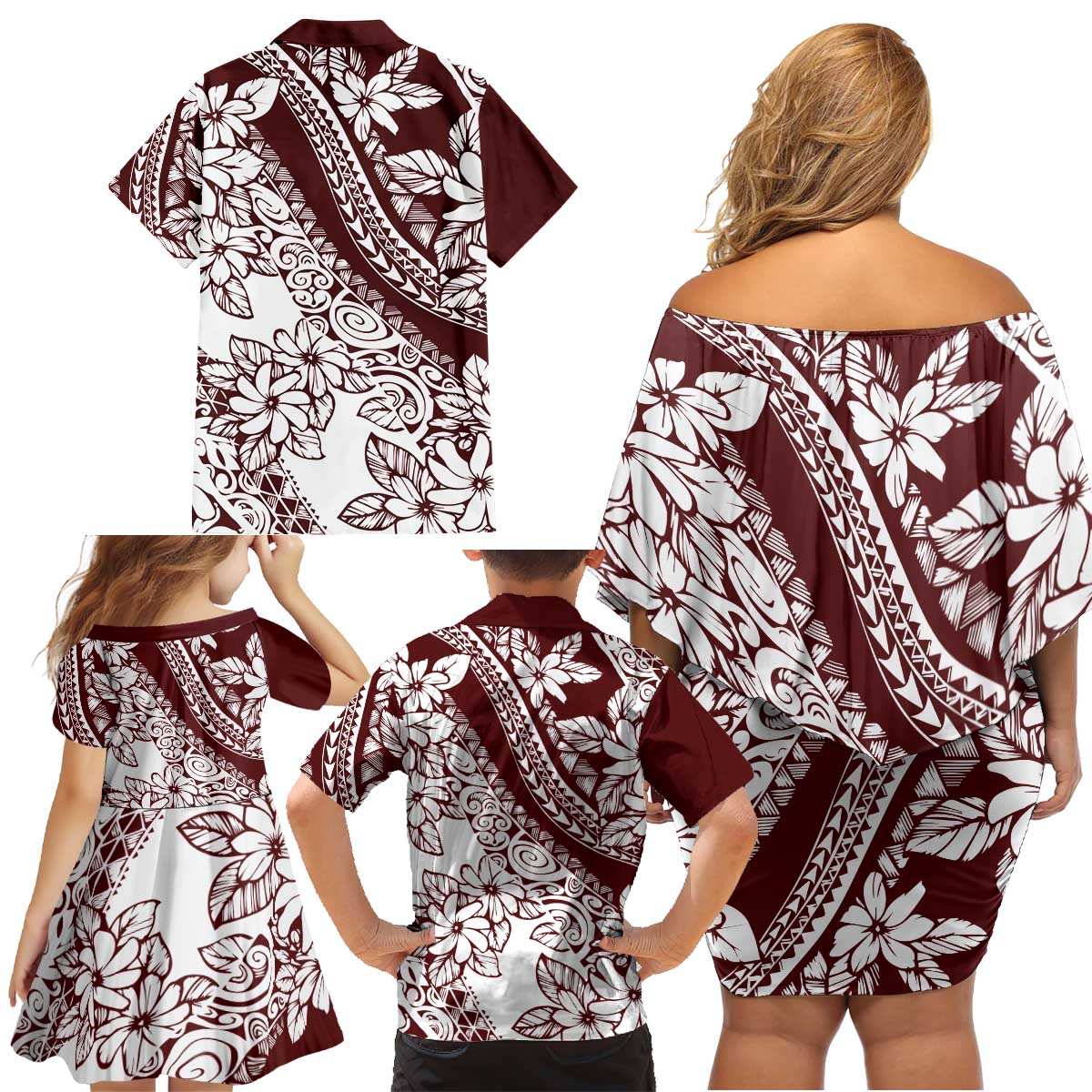 Polynesian Tropical Flowers Oxblood Color Family Matching Off Shoulder Short Dress and Hawaiian Shirt LT14 - Polynesian Pride
