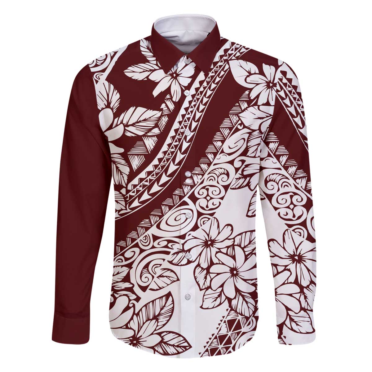Polynesian Tropical Flowers Oxblood Color Family Matching Off Shoulder Short Dress and Hawaiian Shirt LT14 Dad's Shirt - Long Sleeve Oxblood - Polynesian Pride