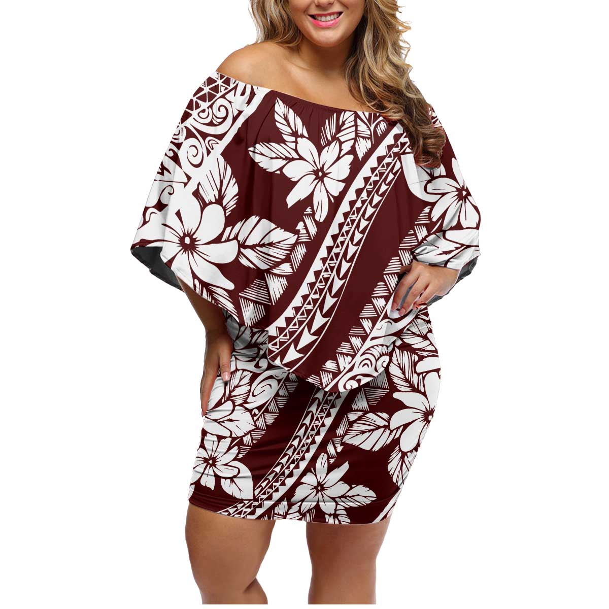 Polynesian Tropical Flowers Oxblood Color Family Matching Off Shoulder Short Dress and Hawaiian Shirt LT14 Mom's Dress Oxblood - Polynesian Pride