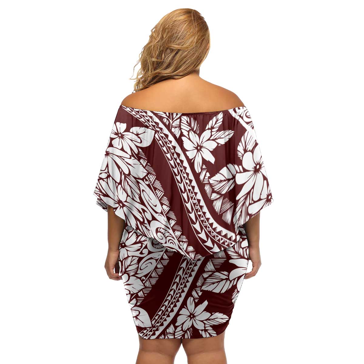 Polynesian Tropical Flowers Oxblood Color Family Matching Off Shoulder Short Dress and Hawaiian Shirt LT14 - Polynesian Pride
