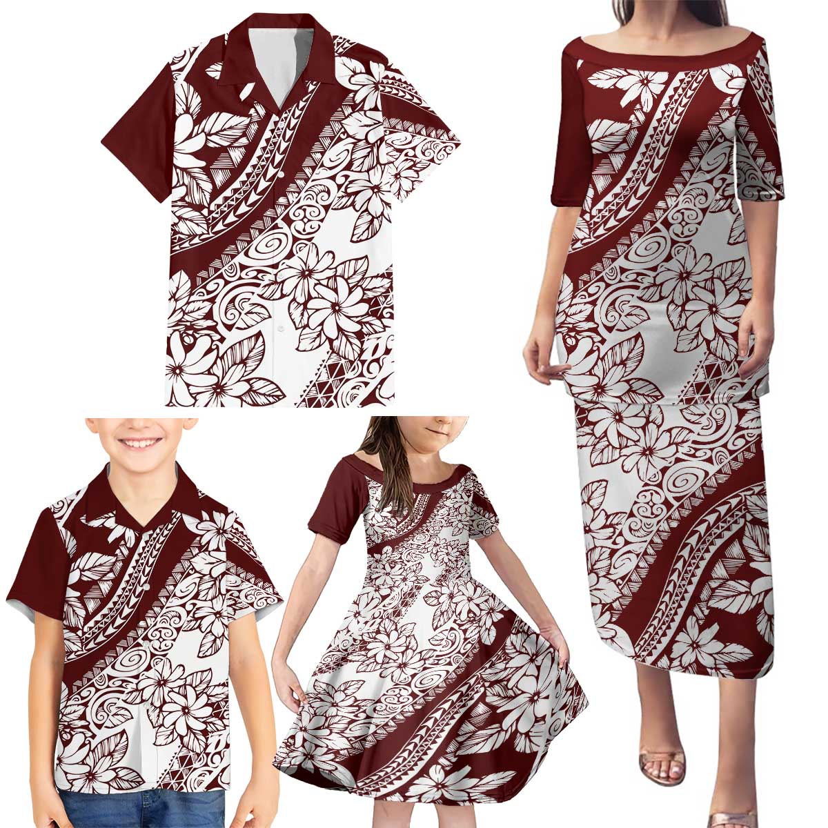Polynesian Tropical Flowers Oxblood Color Family Matching Puletasi and Hawaiian Shirt LT14 - Polynesian Pride