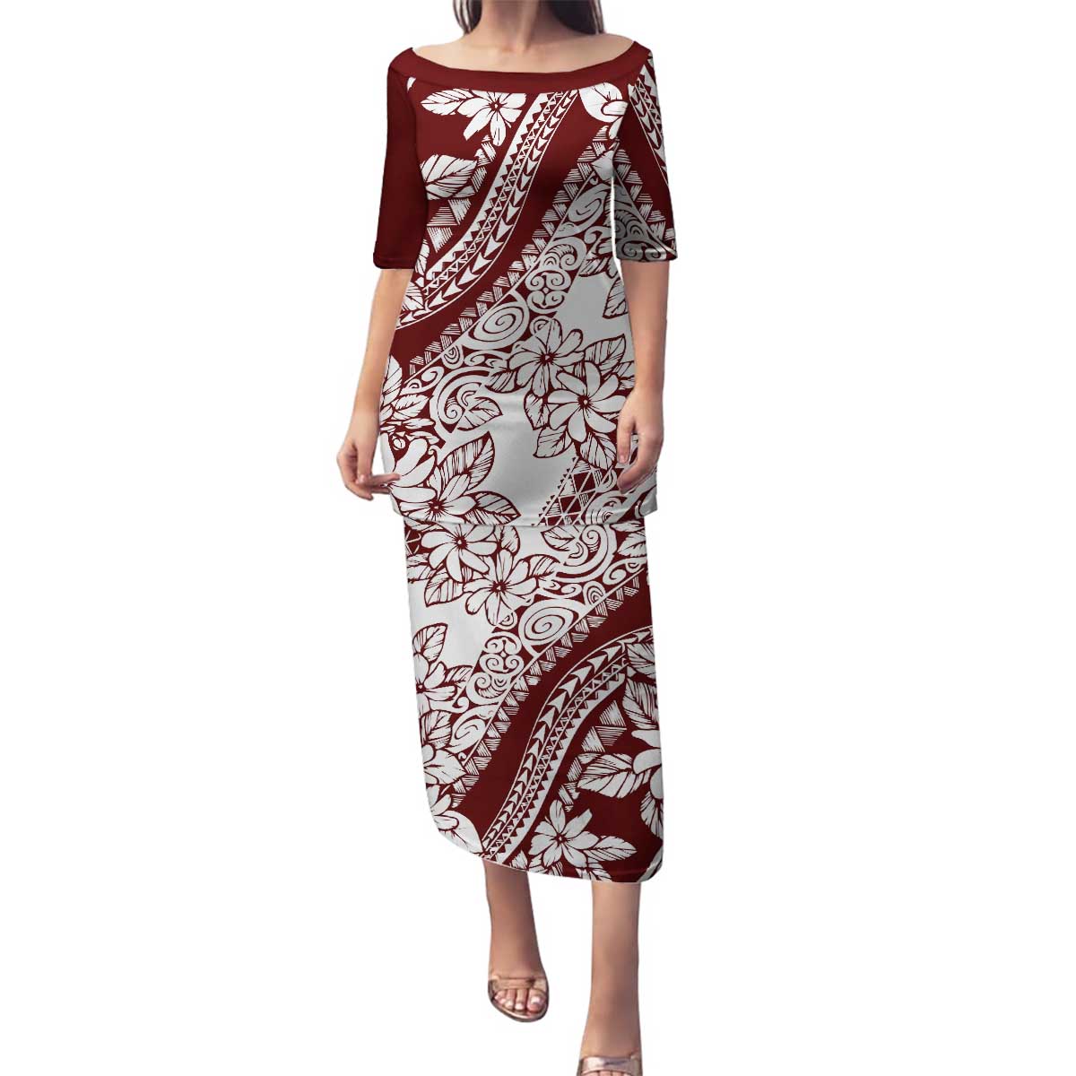 Polynesian Tropical Flowers Oxblood Color Family Matching Puletasi and Hawaiian Shirt LT14 Mom's Dress Oxblood - Polynesian Pride