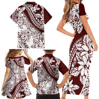Polynesian Tropical Flowers Oxblood Color Family Matching Short Sleeve Bodycon Dress and Hawaiian Shirt LT14 - Polynesian Pride