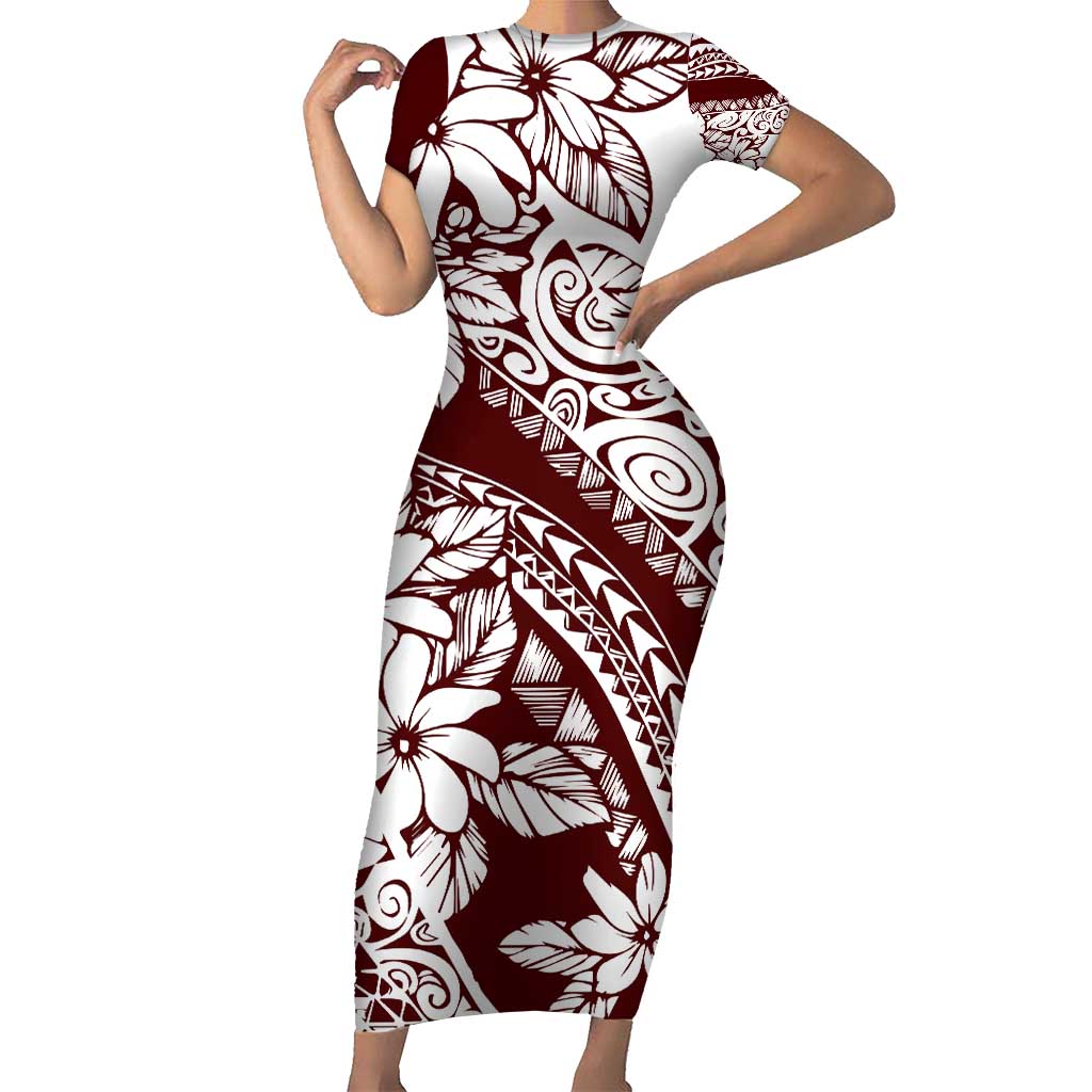 Polynesian Tropical Flowers Oxblood Color Family Matching Short Sleeve Bodycon Dress and Hawaiian Shirt LT14 Mom's Dress Oxblood - Polynesian Pride