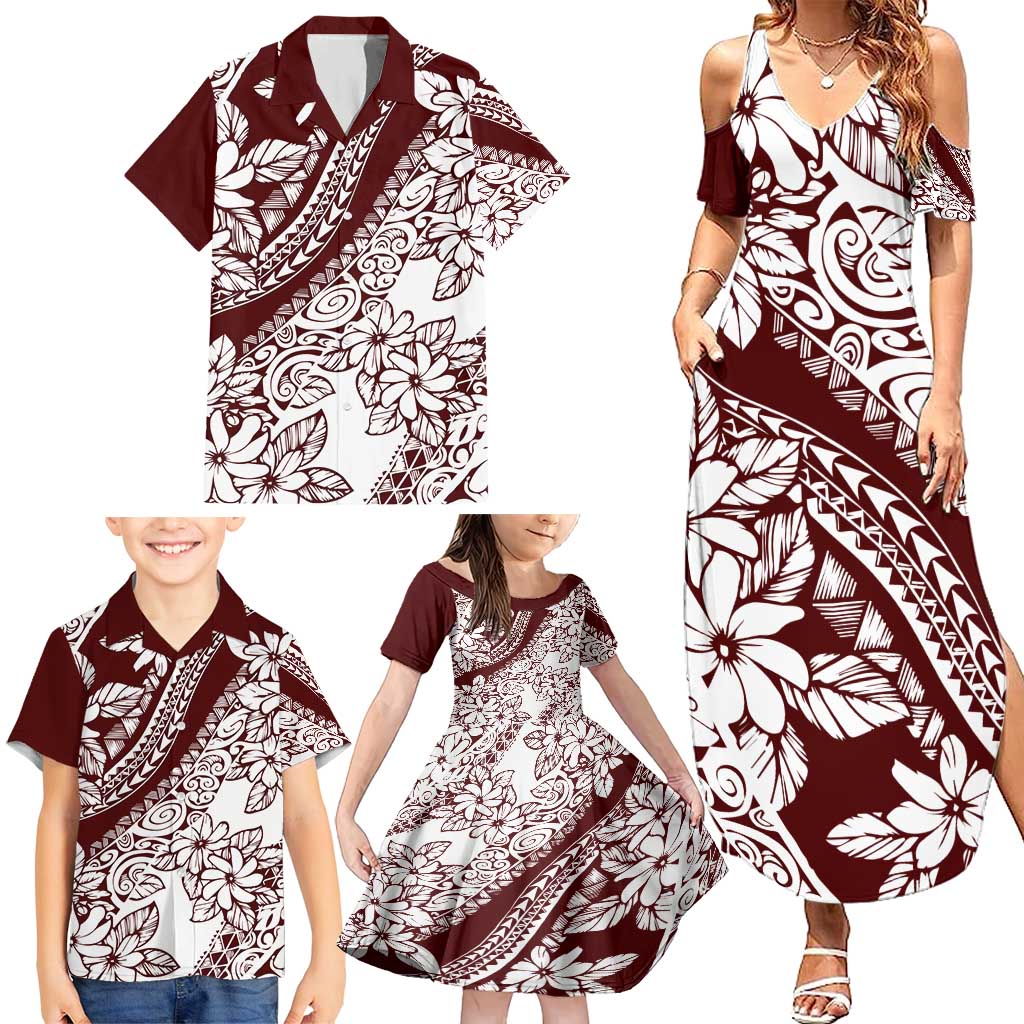 Polynesian Tropical Flowers Oxblood Color Family Matching Summer Maxi Dress and Hawaiian Shirt LT14 - Polynesian Pride