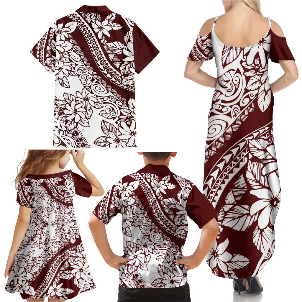 Polynesian Tropical Flowers Oxblood Color Family Matching Summer Maxi Dress and Hawaiian Shirt LT14 - Polynesian Pride