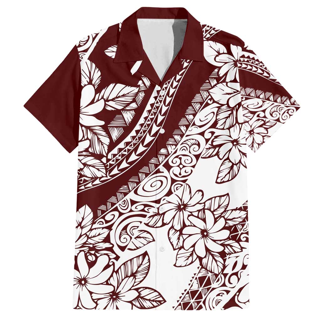 Polynesian Tropical Flowers Oxblood Color Family Matching Summer Maxi Dress and Hawaiian Shirt LT14 Dad's Shirt - Short Sleeve Oxblood - Polynesian Pride