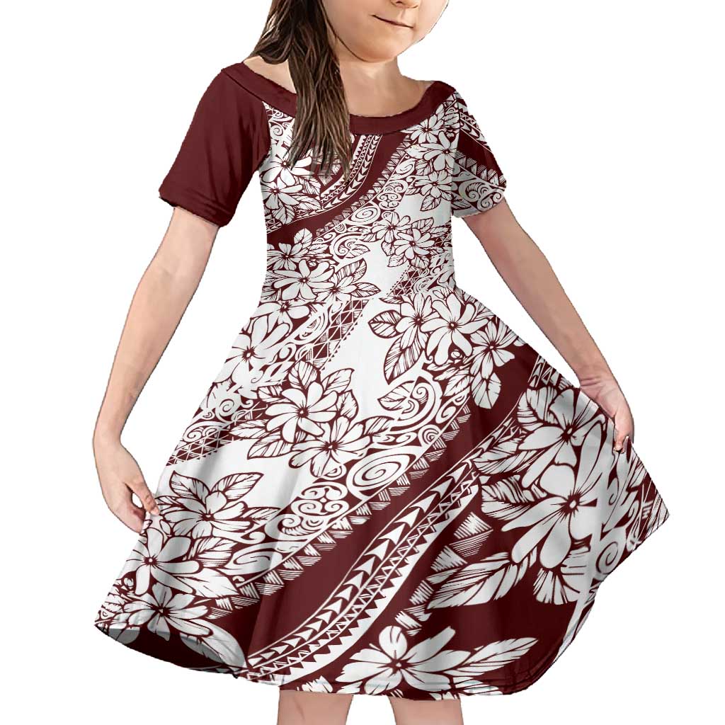 Polynesian Tropical Flowers Oxblood Color Family Matching Tank Maxi Dress and Hawaiian Shirt LT14 Daughter's Dress Oxblood - Polynesian Pride