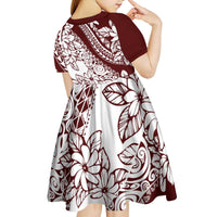 Polynesian Tropical Flowers Oxblood Color Kid Short Sleeve Dress