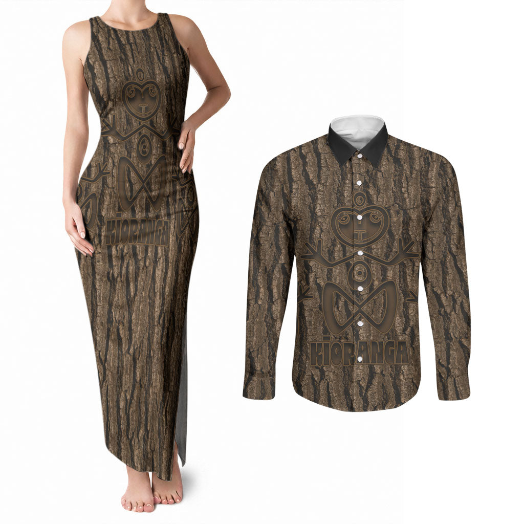 Kioranga Moriori New Zealand Couples Matching Tank Maxi Dress and Long Sleeve Button Shirt Kopi Rakau Carving Art LT14 Brown - Polynesian Pride