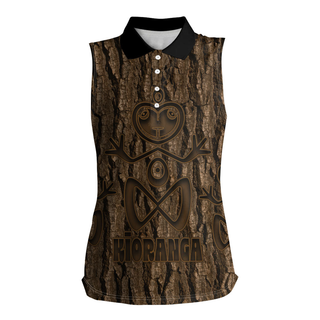 Kioranga Moriori New Zealand Women Sleeveless Polo Shirt Kopi Rakau Carving Art LT14 Female Brown - Polynesian Pride