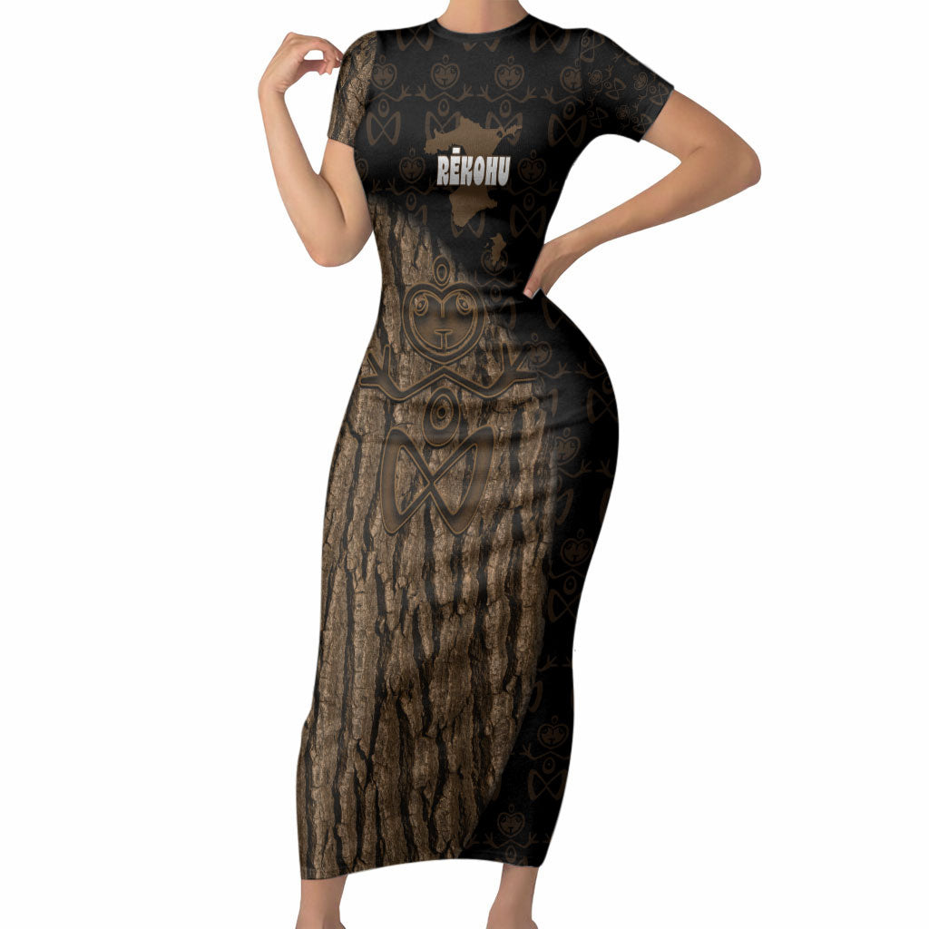 Moriori Kekoru New Zealand Personalised Short Sleeve Bodycon Dress Kopi Rakau Carving Chatham Islands Map LT14 Long Dress Black - Polynesian Pride