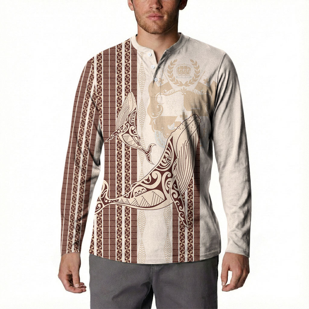 Swimming With Humpback Whales Season Tonga Button Sweatshirt Tongan Tofuaa Ngatu Pattern Brown LT14 - Polynesian Pride