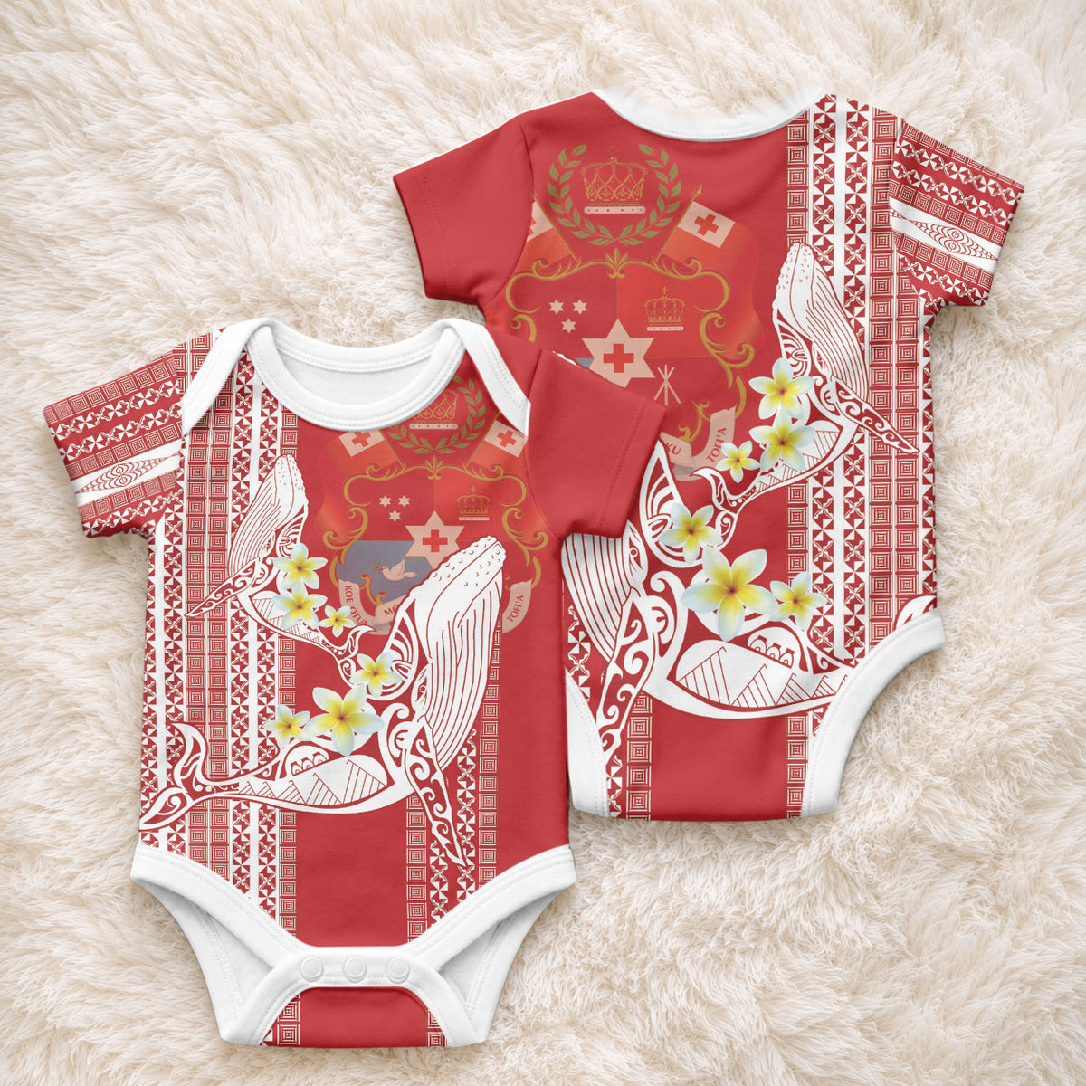 Swimming With Humpback Whales Season Tonga Baby Onesie Tongan Tofuaa Ngatu Pattern Red