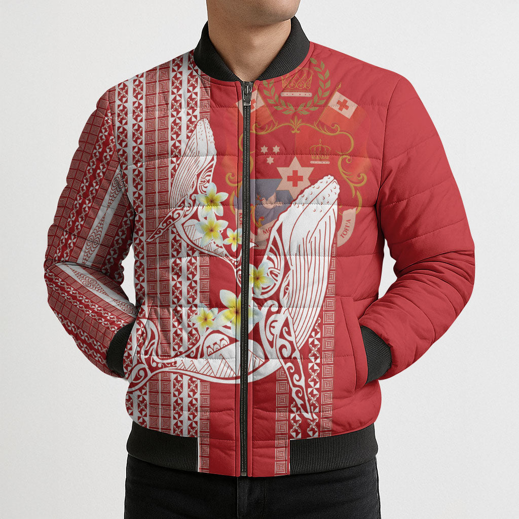 Swimming With Humpback Whales Season Tonga Bomber Puffer Jacket Tongan Tofuaa Ngatu Pattern Red LT14 - Polynesian Pride