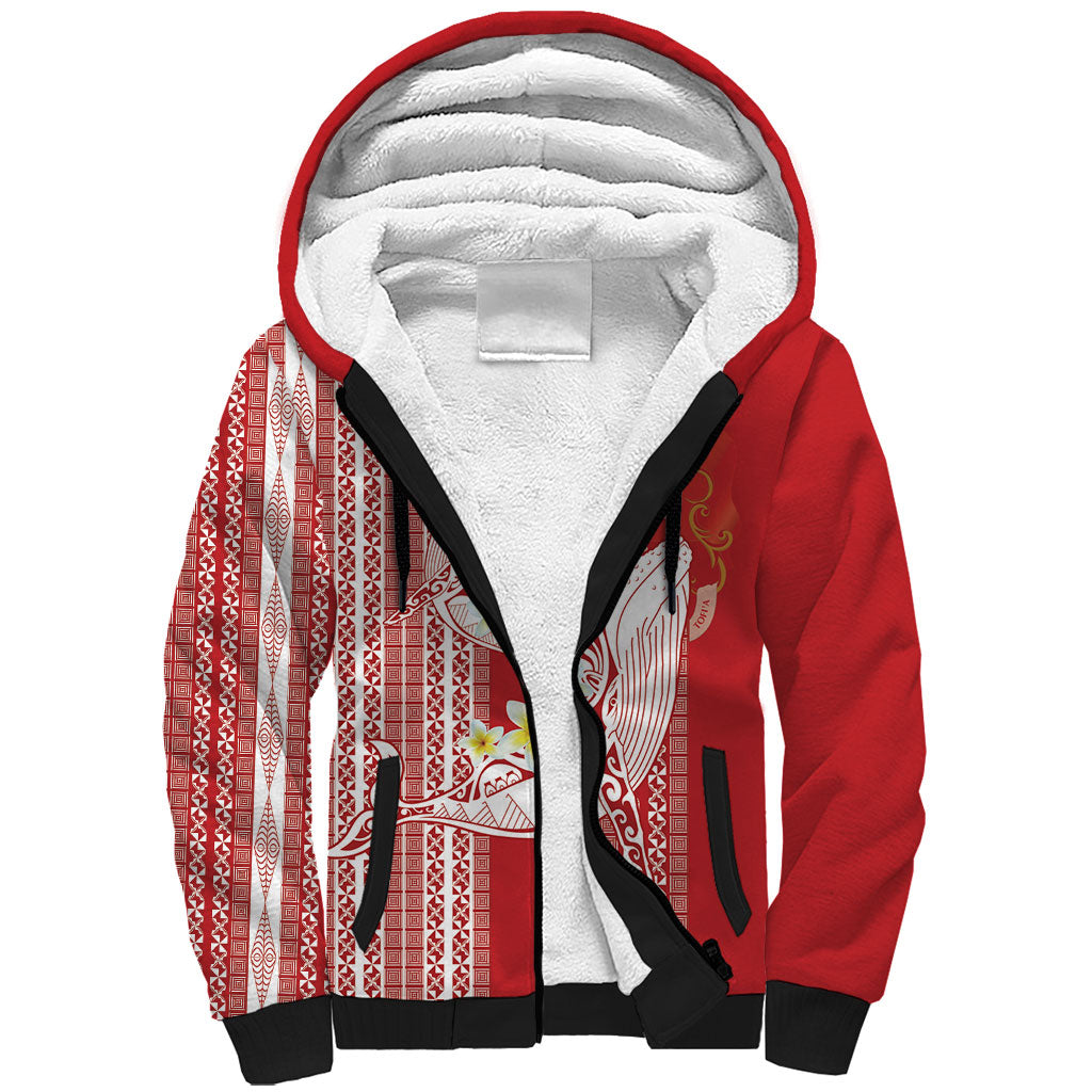 Swimming With Humpback Whales Season Tonga Sherpa Hoodie Tongan Tofuaa Ngatu Pattern Red LT14 Unisex Red - Polynesian Pride