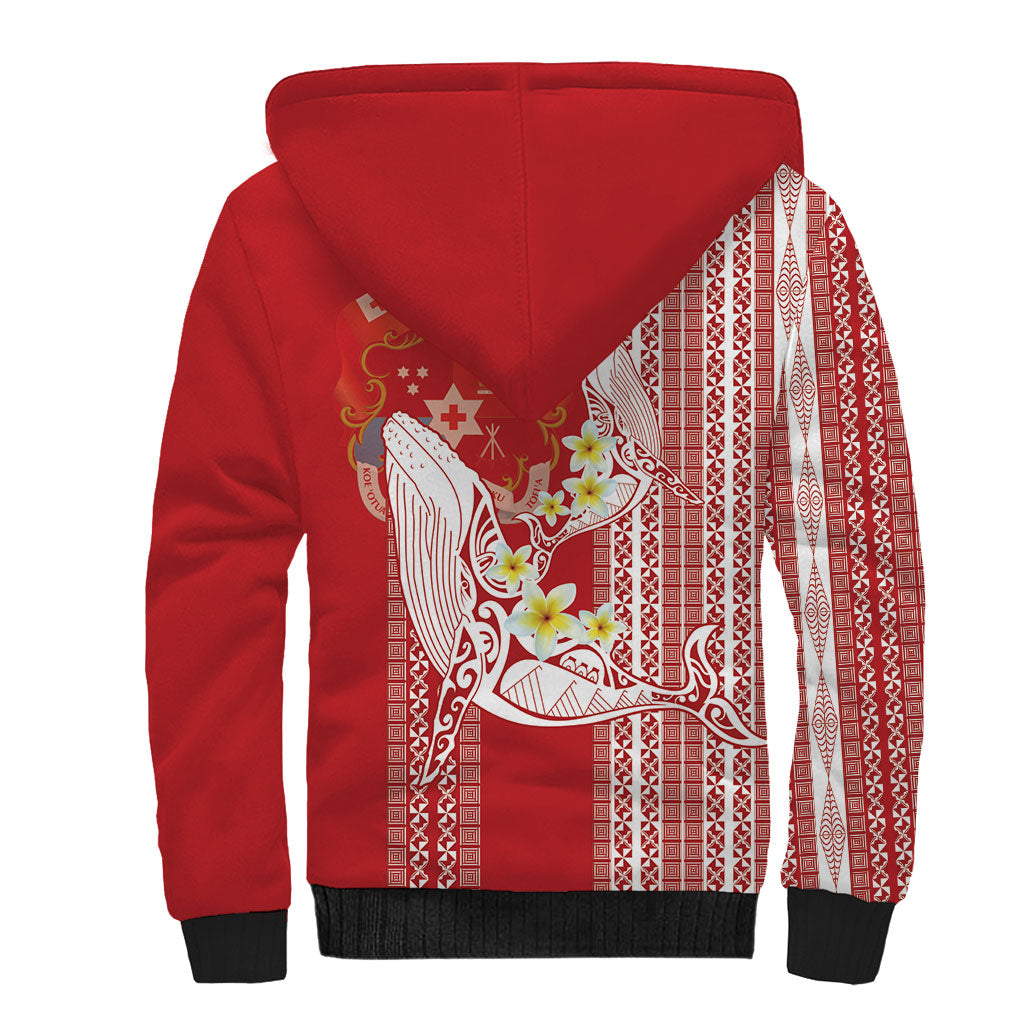 Swimming With Humpback Whales Season Tonga Sherpa Hoodie Tongan Tofuaa Ngatu Pattern Red LT14 - Polynesian Pride
