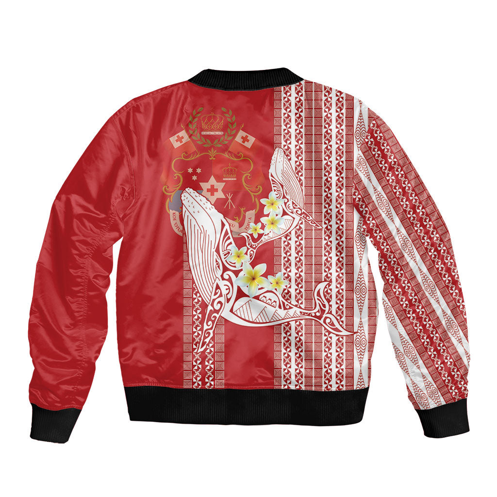 Swimming With Humpback Whales Season Tonga Sleeve Zip Bomber Jacket Tongan Tofuaa Ngatu Pattern Red LT14 - Polynesian Pride
