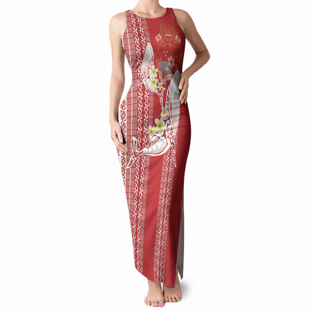 Swimming With Humpback Whales Season Tonga Tank Maxi Dress Tongan Tofuaa Ngatu Pattern Red LT14 Women Red - Polynesian Pride