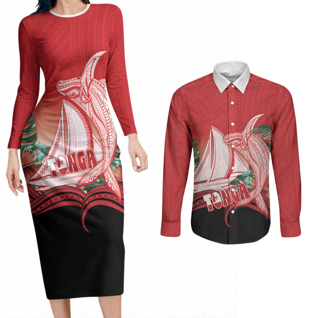 Vavau Sailing Festival Tonga Personalised Couples Matching Long Sleeve Bodycon Dress and Long Sleeve Button Shirt Humpback Whale Sailboat Tropical Vibes
