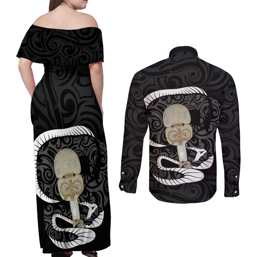 Black New Zealand Eel Couples Matching Off Shoulder Maxi Dress and Long Sleeve Button Shirt Aotearoa Maori Tuna With Kotiate Weapon LT14 - Polynesian Pride