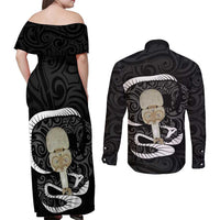 Black New Zealand Eel Couples Matching Off Shoulder Maxi Dress and Long Sleeve Button Shirt Aotearoa Maori Tuna With Kotiate Weapon LT14 - Polynesian Pride