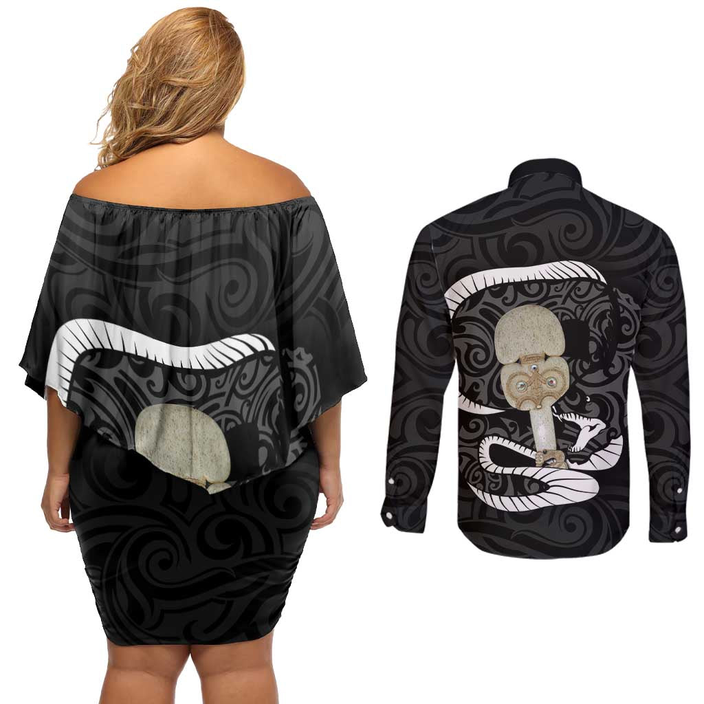 Black New Zealand Eel Couples Matching Off Shoulder Short Dress and Long Sleeve Button Shirt Aotearoa Maori Tuna With Kotiate Weapon LT14 - Polynesian Pride