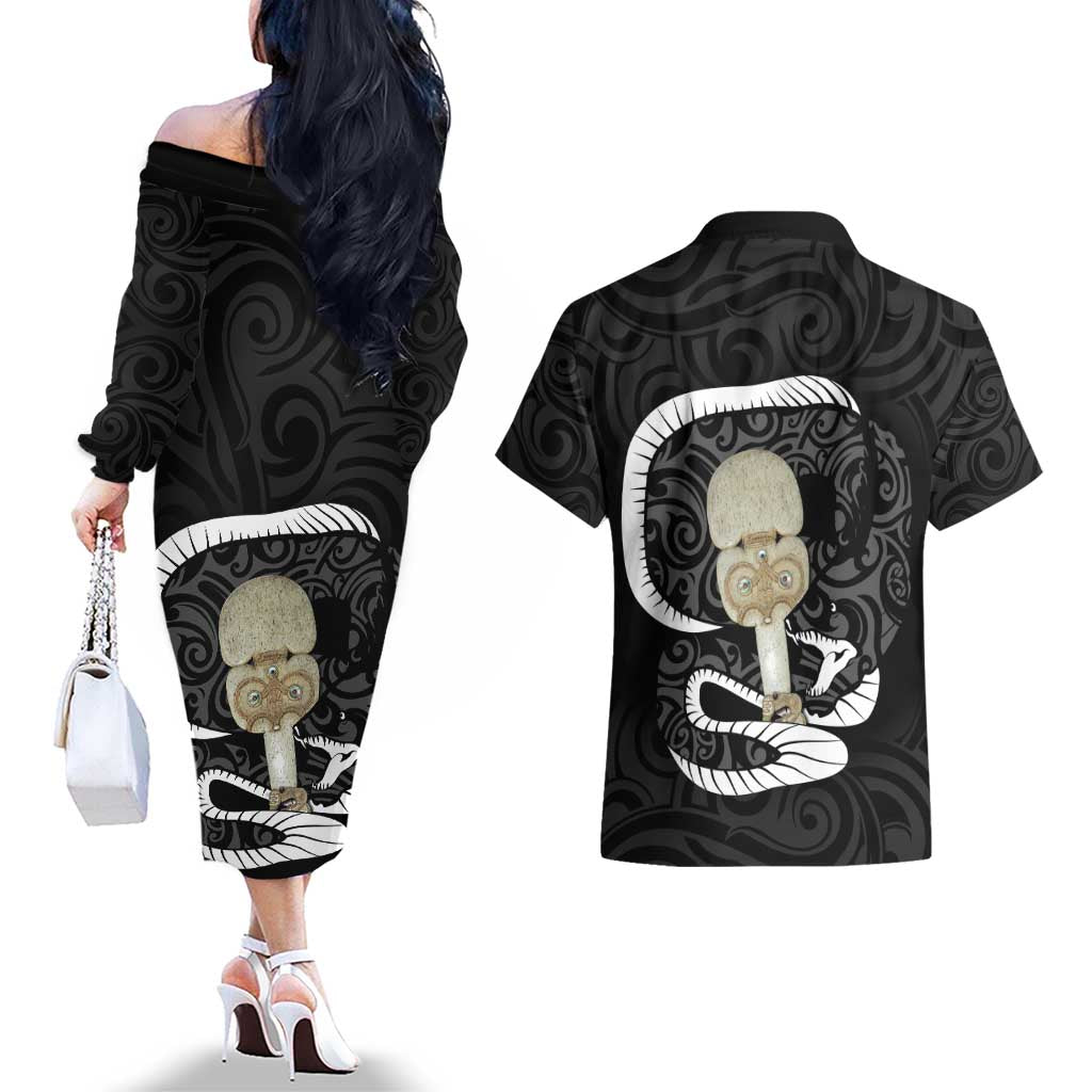 Black New Zealand Eel Couples Matching Off The Shoulder Long Sleeve Dress and Hawaiian Shirt Aotearoa Maori Tuna With Kotiate Weapon LT14 - Polynesian Pride