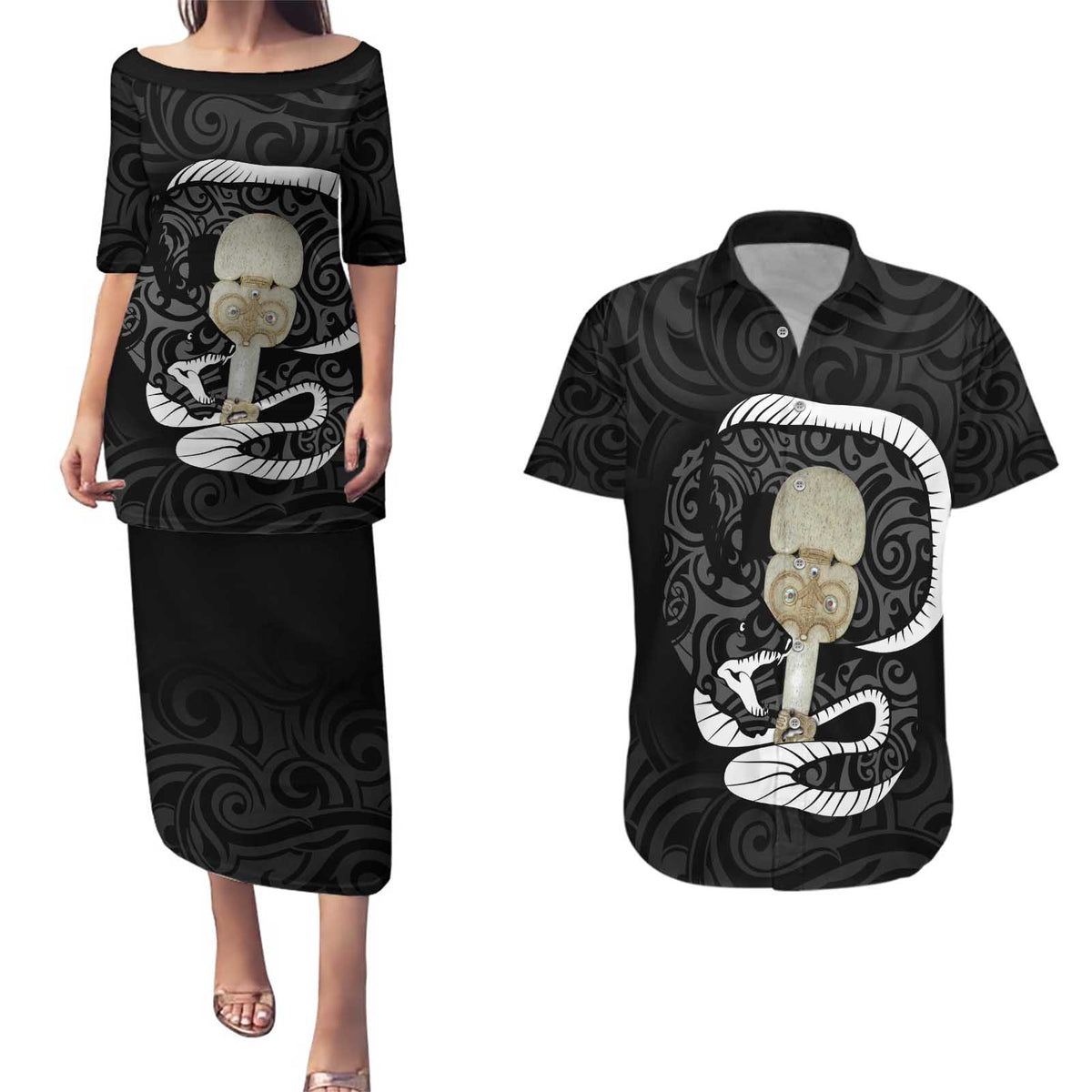 Black New Zealand Eel Couples Matching Puletasi and Hawaiian Shirt Aotearoa Maori Tuna With Kotiate Weapon LT14 Black - Polynesian Pride