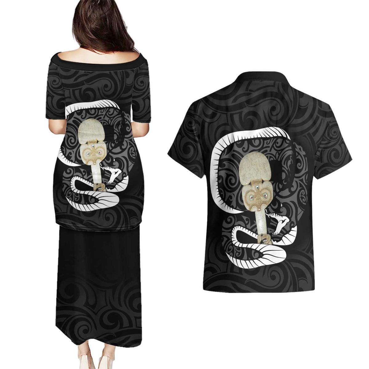 Black New Zealand Eel Couples Matching Puletasi and Hawaiian Shirt Aotearoa Maori Tuna With Kotiate Weapon LT14 - Polynesian Pride