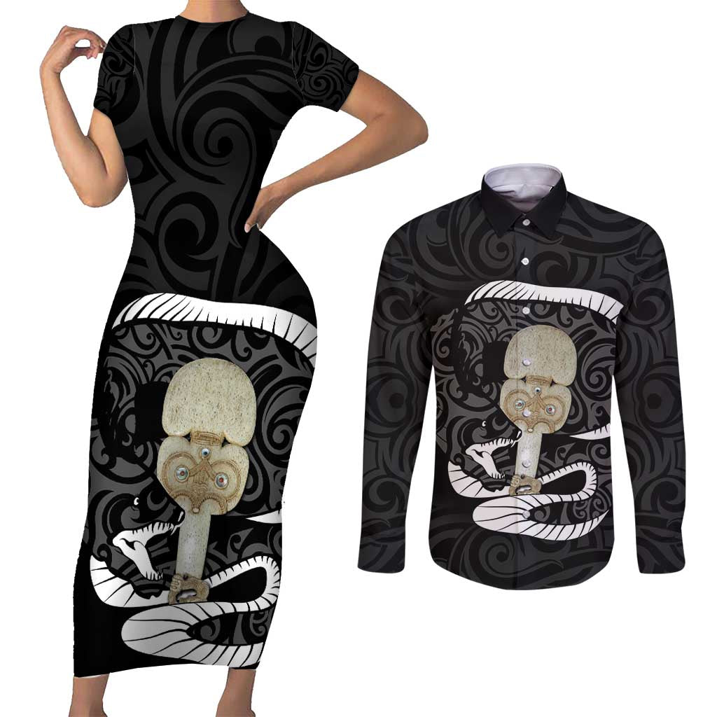 Black New Zealand Eel Couples Matching Short Sleeve Bodycon Dress and Long Sleeve Button Shirt Aotearoa Maori Tuna With Kotiate Weapon LT14 Black - Polynesian Pride