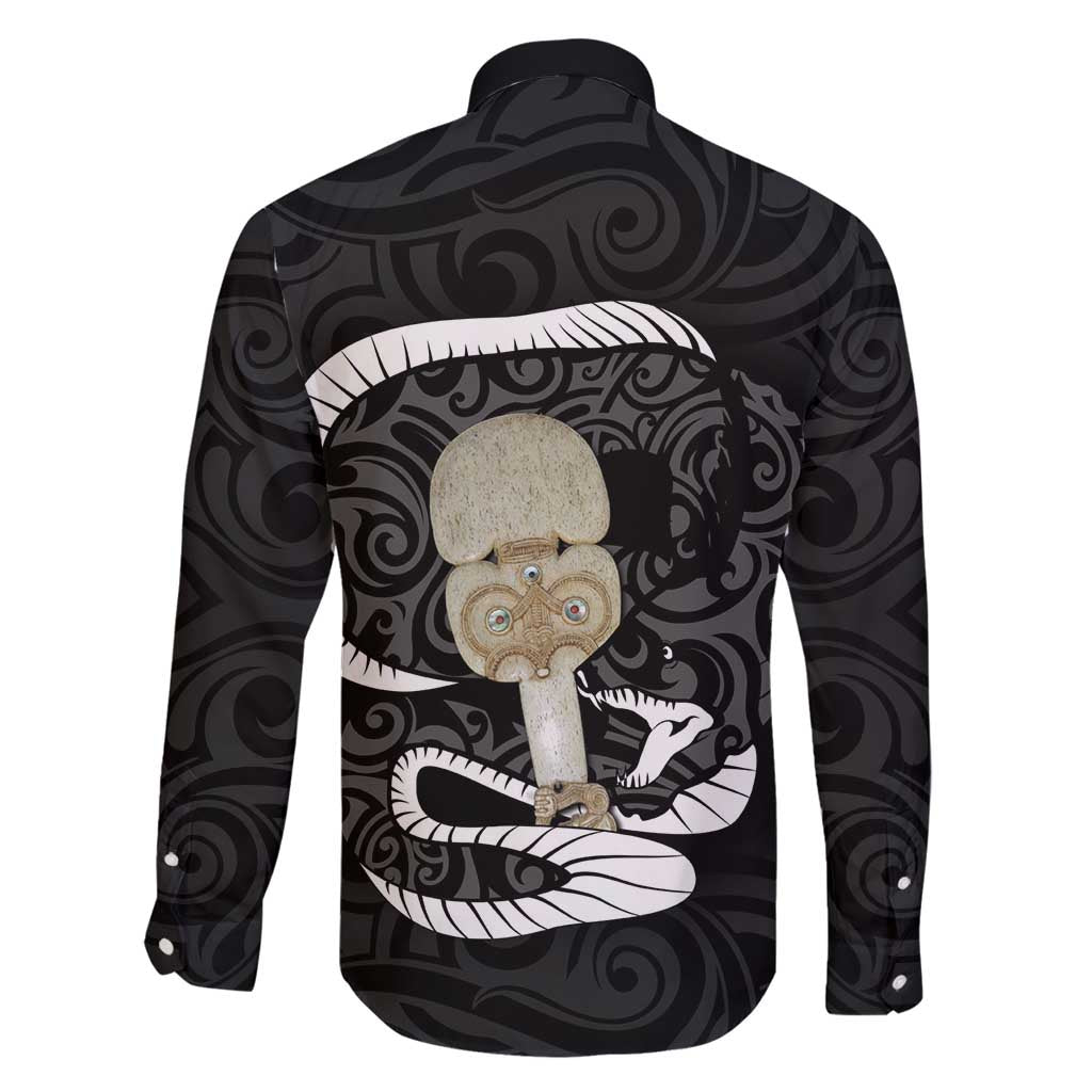 Black New Zealand Eel Family Matching Long Sleeve Bodycon Dress and Hawaiian Shirt Aotearoa Maori Tuna With Kotiate Weapon LT14 - Polynesian Pride