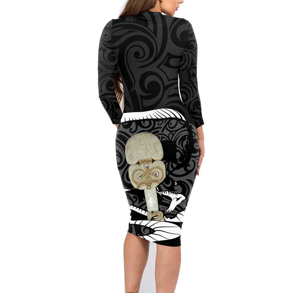 Black New Zealand Eel Family Matching Long Sleeve Bodycon Dress and Hawaiian Shirt Aotearoa Maori Tuna With Kotiate Weapon LT14 - Polynesian Pride
