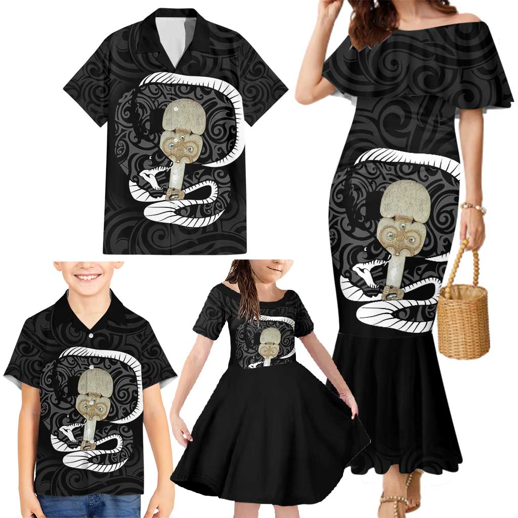 Black New Zealand Eel Family Matching Mermaid Dress and Hawaiian Shirt Aotearoa Maori Tuna With Kotiate Weapon LT14 - Polynesian Pride