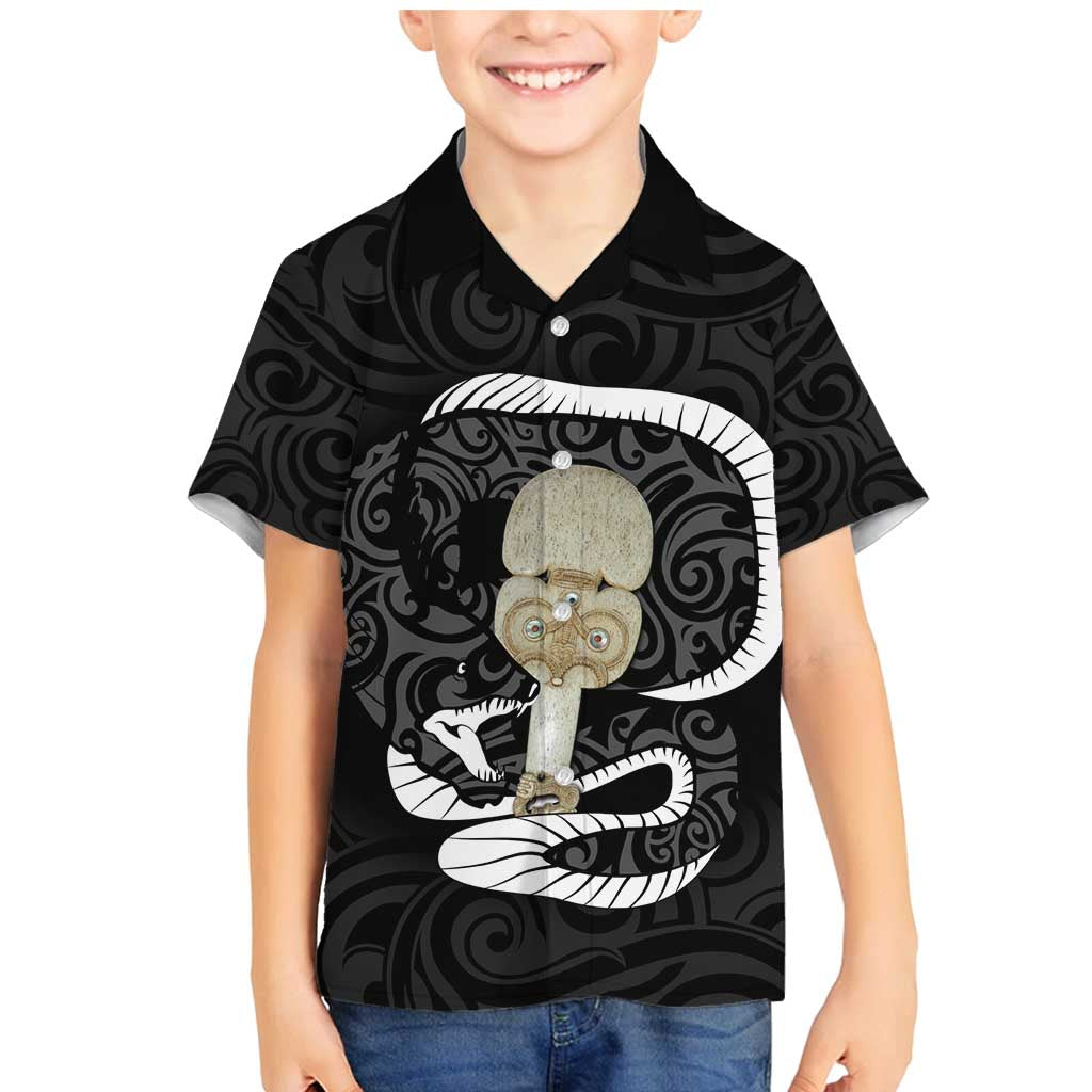 Black New Zealand Eel Family Matching Mermaid Dress and Hawaiian Shirt Aotearoa Maori Tuna With Kotiate Weapon LT14 Son's Shirt Black - Polynesian Pride