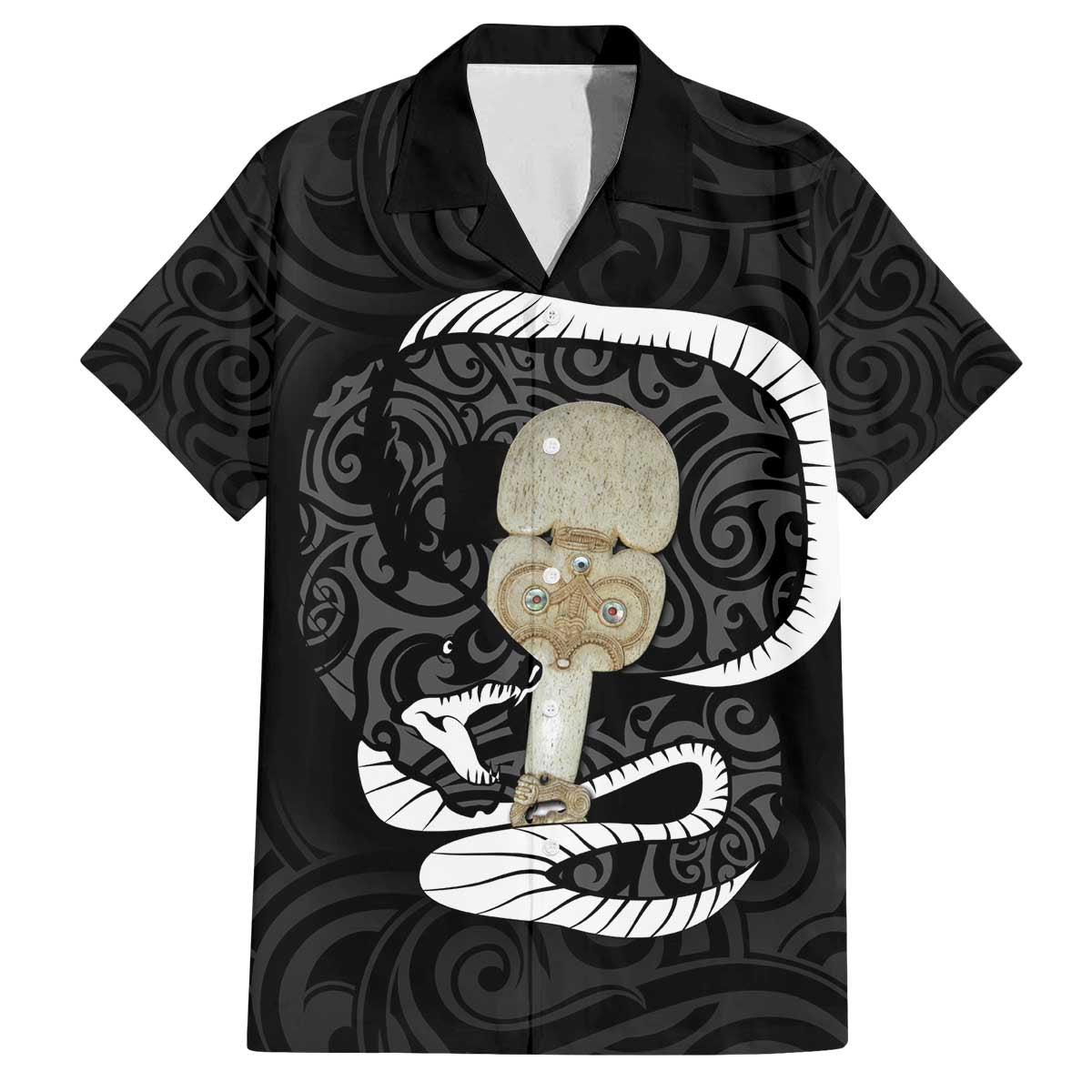 Black New Zealand Eel Family Matching Off The Shoulder Long Sleeve Dress and Hawaiian Shirt Aotearoa Maori Tuna With Kotiate Weapon LT14 Dad's Shirt - Short Sleeve Black - Polynesian Pride