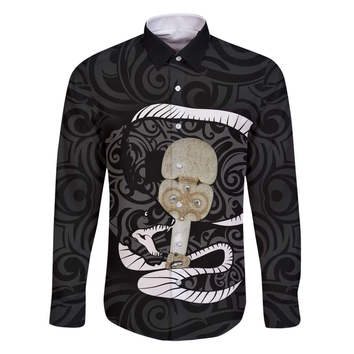 Black New Zealand Eel Family Matching Off The Shoulder Long Sleeve Dress and Hawaiian Shirt Aotearoa Maori Tuna With Kotiate Weapon LT14 Dad's Shirt - Long Sleeve Black - Polynesian Pride