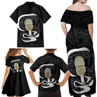 Black New Zealand Eel Family Matching Off Shoulder Maxi Dress and Hawaiian Shirt Aotearoa Maori Tuna With Kotiate Weapon LT14 - Polynesian Pride