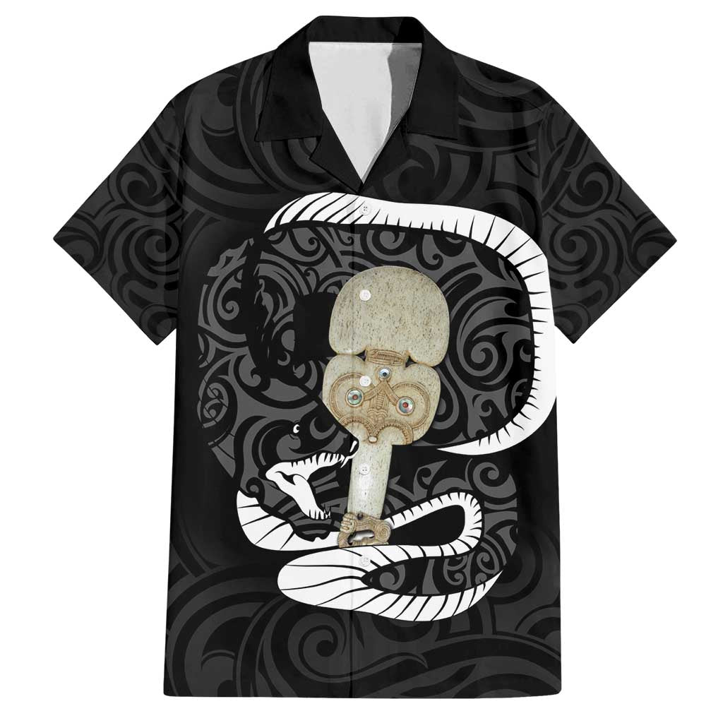 Black New Zealand Eel Family Matching Off Shoulder Maxi Dress and Hawaiian Shirt Aotearoa Maori Tuna With Kotiate Weapon LT14 Dad's Shirt - Short Sleeve Black - Polynesian Pride