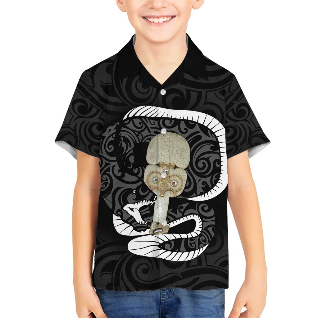 Black New Zealand Eel Family Matching Off Shoulder Maxi Dress and Hawaiian Shirt Aotearoa Maori Tuna With Kotiate Weapon LT14 Son's Shirt Black - Polynesian Pride