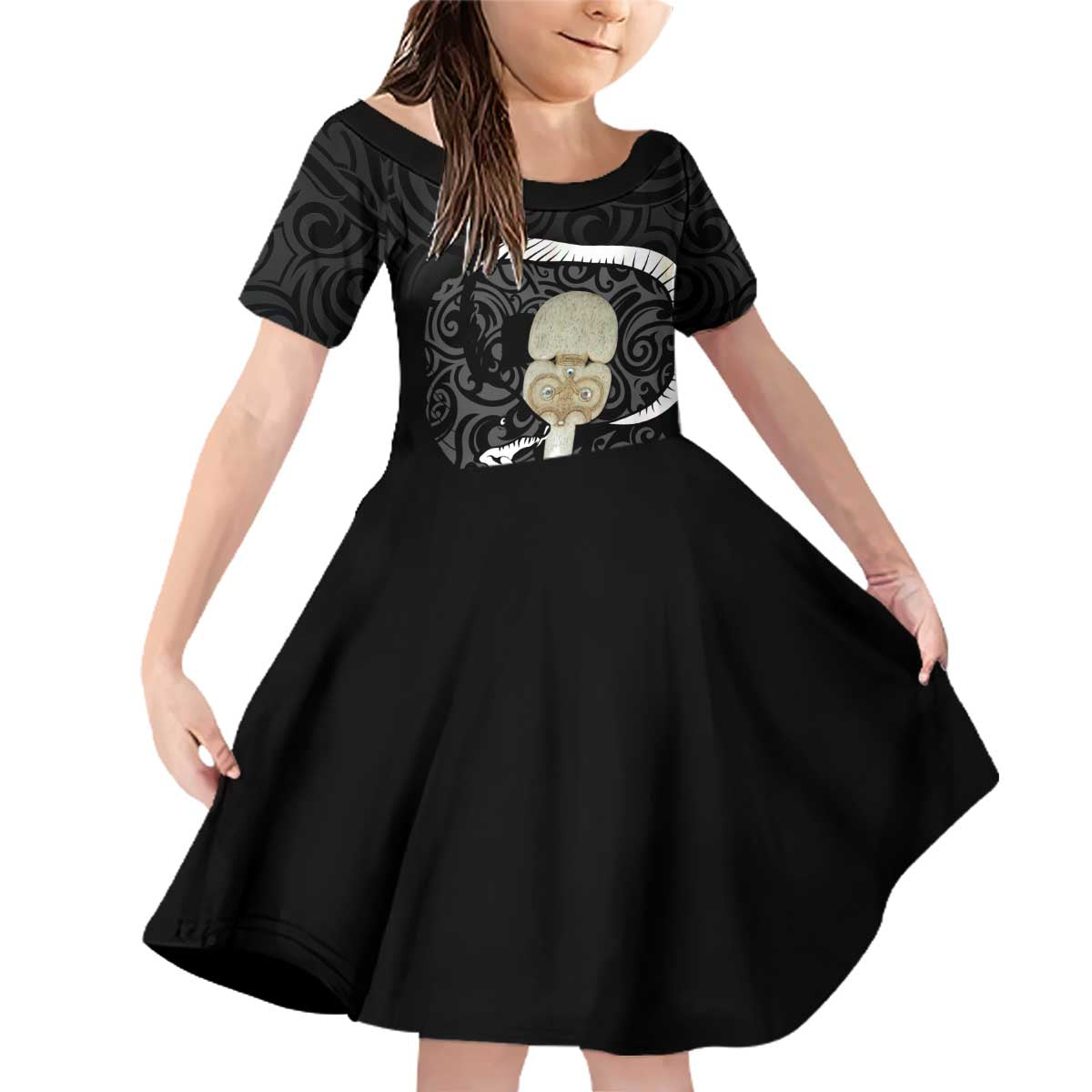 Black New Zealand Eel Family Matching Off Shoulder Short Dress and Hawaiian Shirt Aotearoa Maori Tuna With Kotiate Weapon LT14 Daughter's Dress Black - Polynesian Pride