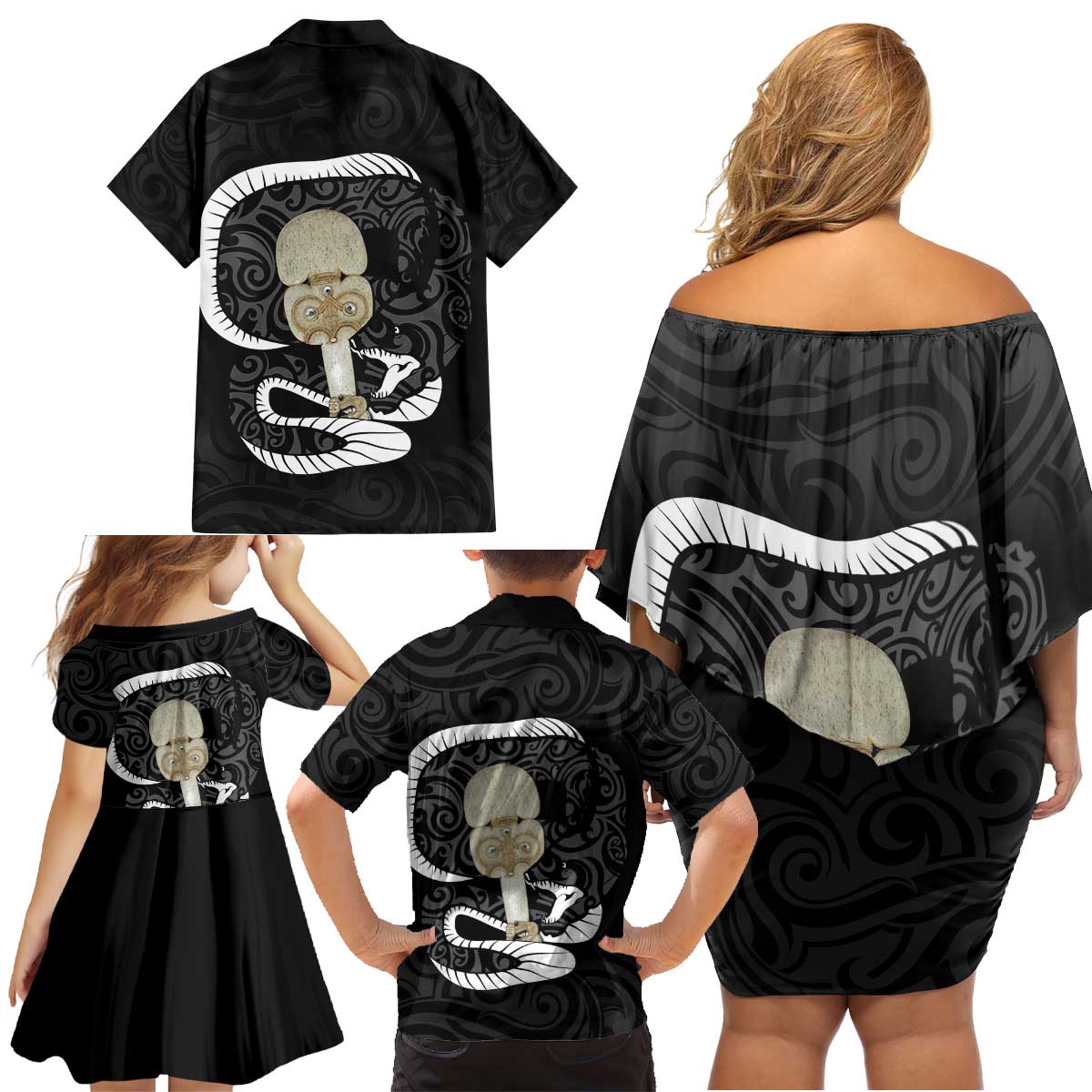 Black New Zealand Eel Family Matching Off Shoulder Short Dress and Hawaiian Shirt Aotearoa Maori Tuna With Kotiate Weapon LT14 - Polynesian Pride