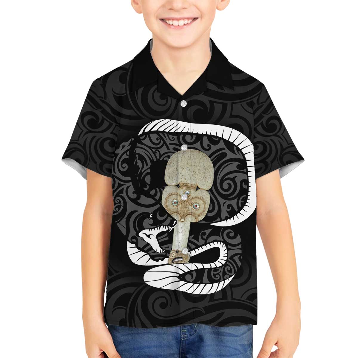 Black New Zealand Eel Family Matching Off Shoulder Short Dress and Hawaiian Shirt Aotearoa Maori Tuna With Kotiate Weapon LT14 Son's Shirt Black - Polynesian Pride