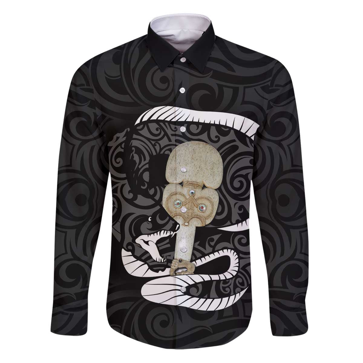 Black New Zealand Eel Family Matching Puletasi and Hawaiian Shirt Aotearoa Maori Tuna With Kotiate Weapon LT14 Dad's Shirt - Long Sleeve Black - Polynesian Pride