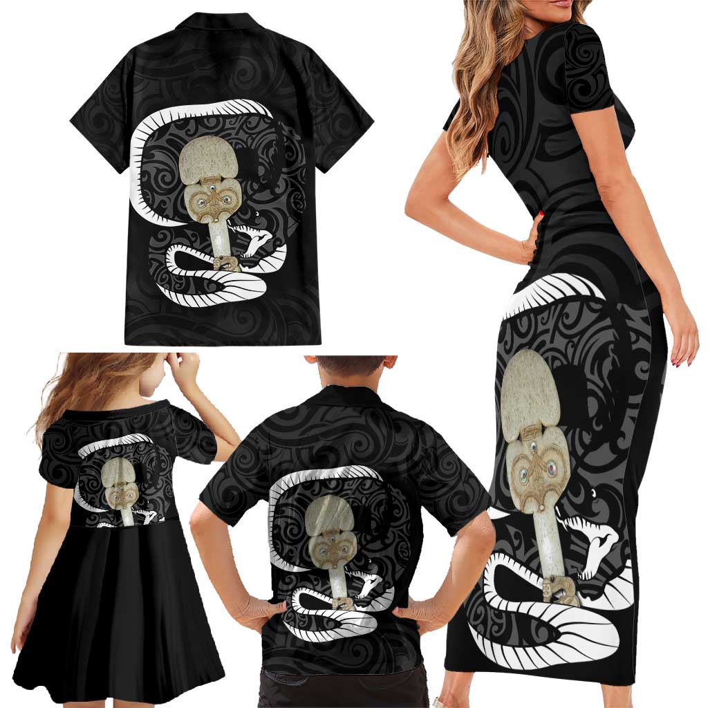 Black New Zealand Eel Family Matching Short Sleeve Bodycon Dress and Hawaiian Shirt Aotearoa Maori Tuna With Kotiate Weapon LT14 - Polynesian Pride
