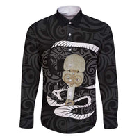 Black New Zealand Eel Family Matching Short Sleeve Bodycon Dress and Hawaiian Shirt Aotearoa Maori Tuna With Kotiate Weapon LT14 Dad's Shirt - Long Sleeve Black - Polynesian Pride