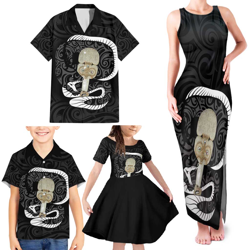 Black New Zealand Eel Family Matching Tank Maxi Dress and Hawaiian Shirt Aotearoa Maori Tuna With Kotiate Weapon LT14 - Polynesian Pride